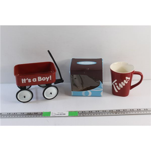 Ceramic Collector's Limited Edition Tim Hortons Mug and Its a Boy Cart Toy