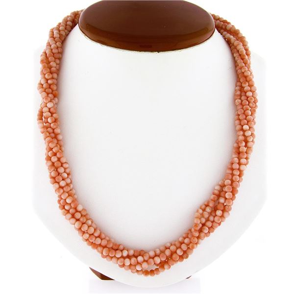 Vintage 24" Multi Strand Coral Bead Torsade Necklace w/ 14k Gold Carved Clasp