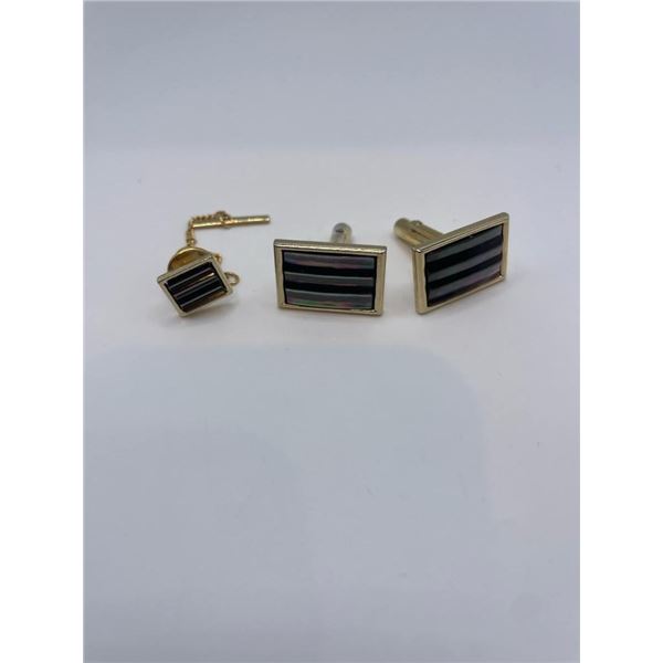 Rectangular Abalone Coloured Costume Cuff Links and Tie Pin