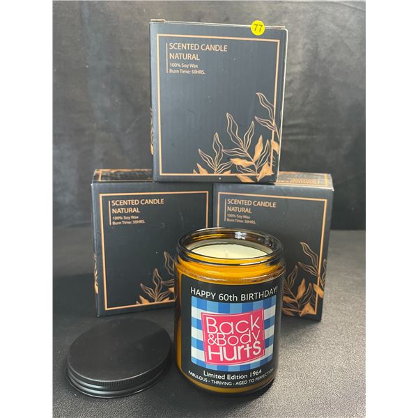 3 Funny/Scented "Back & Body Hurts" Natural 100% Soy Wax Candles - New
