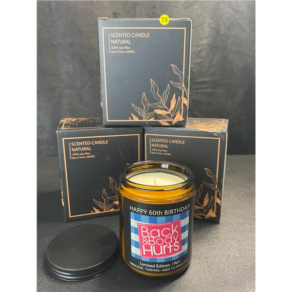 3 Funny/Scented "Back & Body Hurts" Natural 100% Soy Wax Candles - New