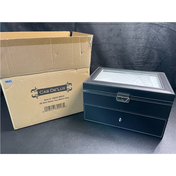 1 Cas De'Lux 20-Slot Glass Top Watch Storage Box - Black - Brand New