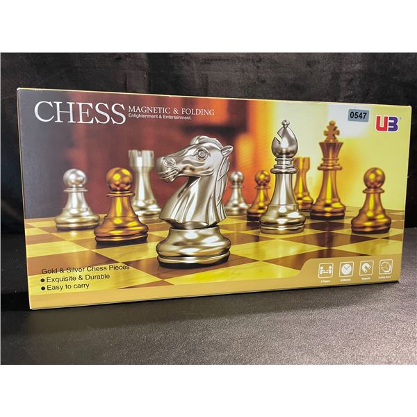 1 Magnetic & Folding Travel Chess Board Set - Gold/Silver Chess Pieces - New