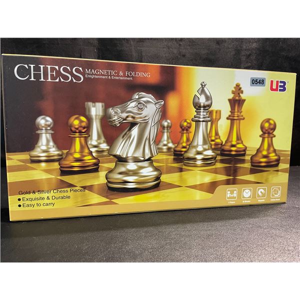 1 Magnetic & Folding Travel Chess Board Set - Gold/Silver Chess Pieces - New
