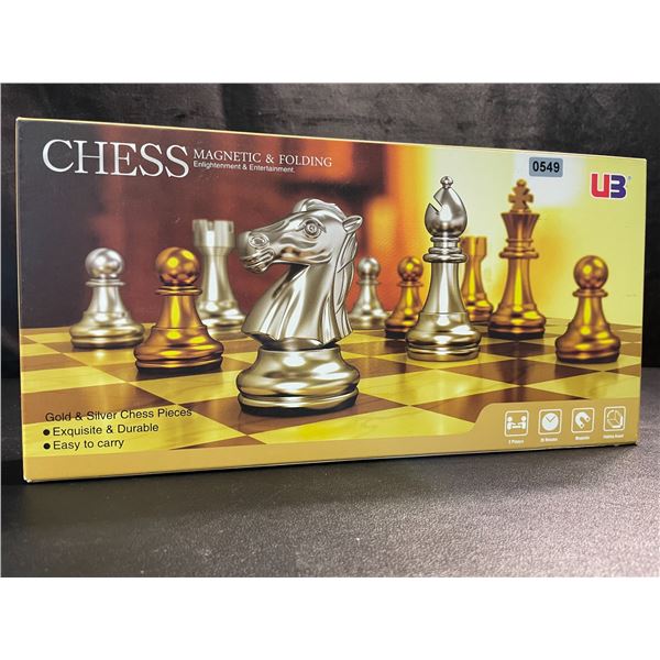 1 Magnetic & Folding Travel Chess Board Set - Gold/Silver Chess Pieces - New