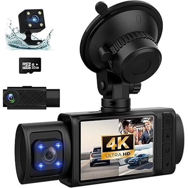 1 3-Channel Dash Cam 4K + 1080P Full HD Dash Cam with Night Vision, G-Sensor etc. - New