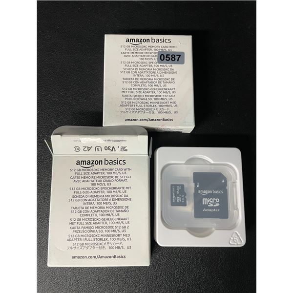 2 AmazonBasics 512GB MicroSD Memory Cards with Full Size Adapters - New