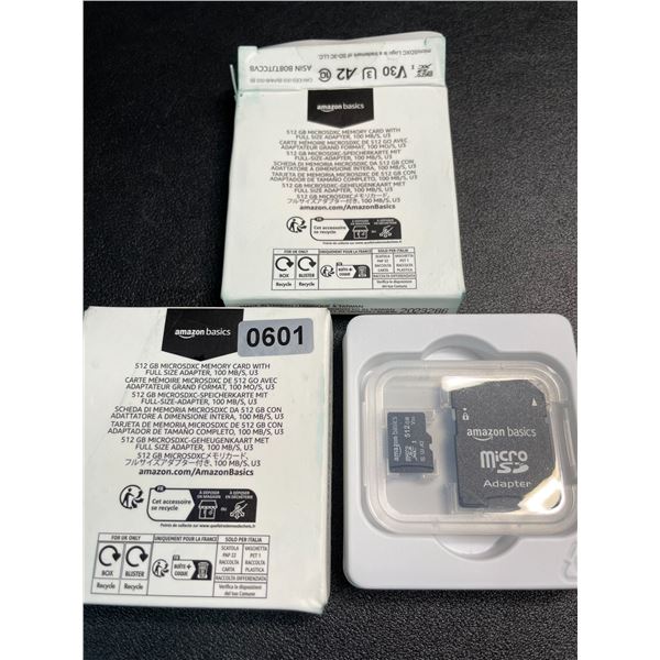 2 AmazonBasics 512GB MicroSD Memory Cards with Full Size Adapters - New