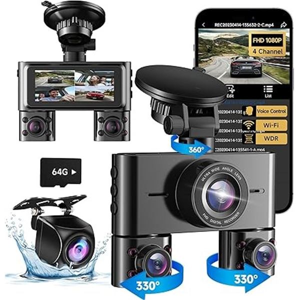 1 Hupejos V7 Dash Camera - 4-Channel Dash Cam with Night Vision, G-Sensor, etc. - New in Box