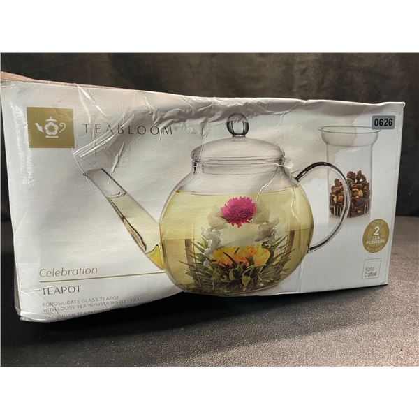 1 TeaBloom Celebration Glass Teapot with Infuser - New (Damaged Box)