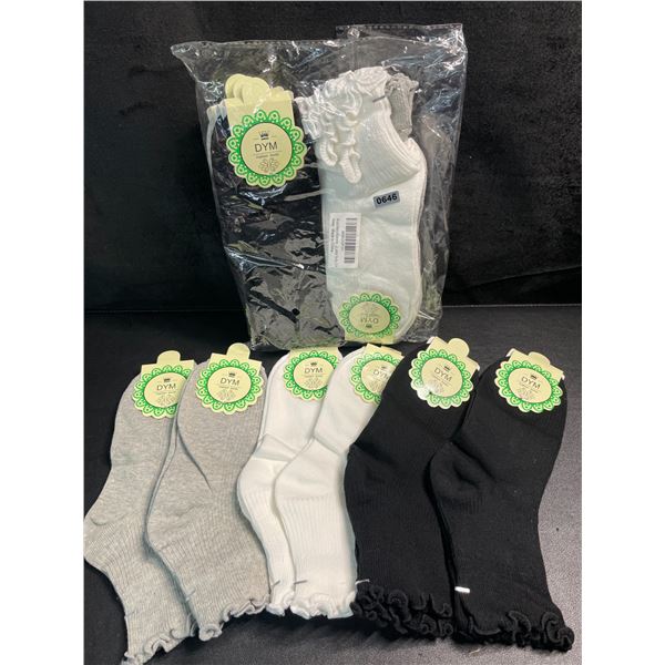 2 Packs of Women's Ankle Socks with Ruffle Trim - 6 Pairs Per Pack/12 Pairs Total (Size 5-9) - New!
