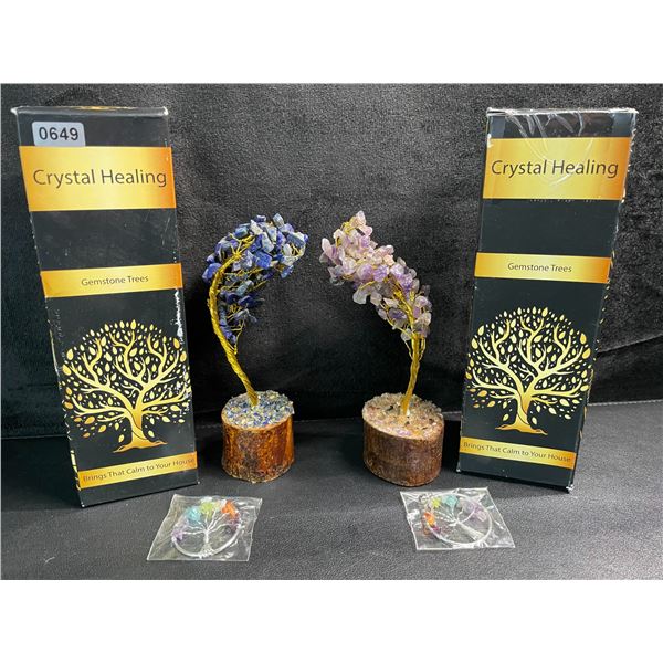 2 Crystal Healing Gemstone Trees - Amethyst & Lapis Lazuli - New