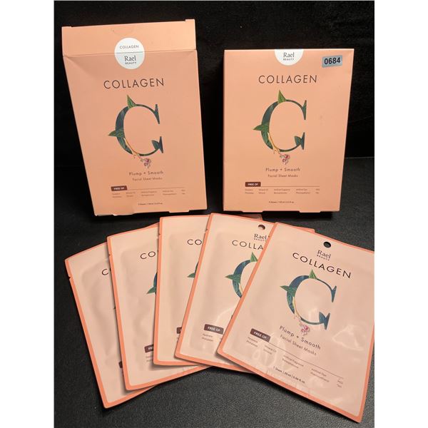 2 Boxes of Rael Beauty Collagen Facial Sheet Masks - Plump + Smooth - 5 Masks Per Box - New