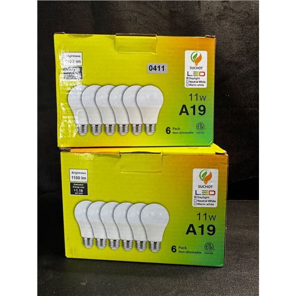 2 6-Packs of 11W A19 Daylight White LED Bulbs - Brand New!