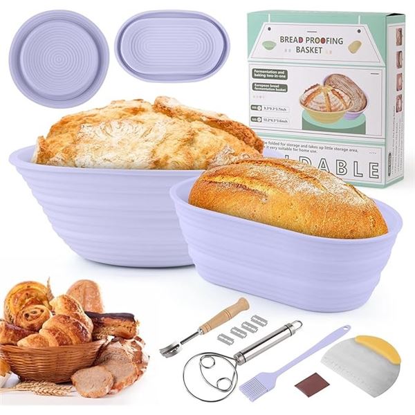 2PC Silicone Bread Proofing Basket Kit (Includes 9" Round Bread Pan & 10" Oval Pan) - New!