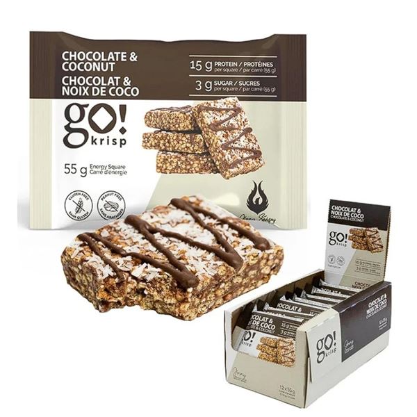 1 Box of GoKrisp Chocolate & Coconut Protein Energy Bars - 12 Bars (55g Each) - BB: MA 04/2025