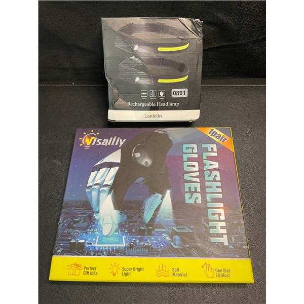 1 Pack of 2 LED Rechargeable Work Headlamps & 1 Pack of Flashlight Work Gloves - New
