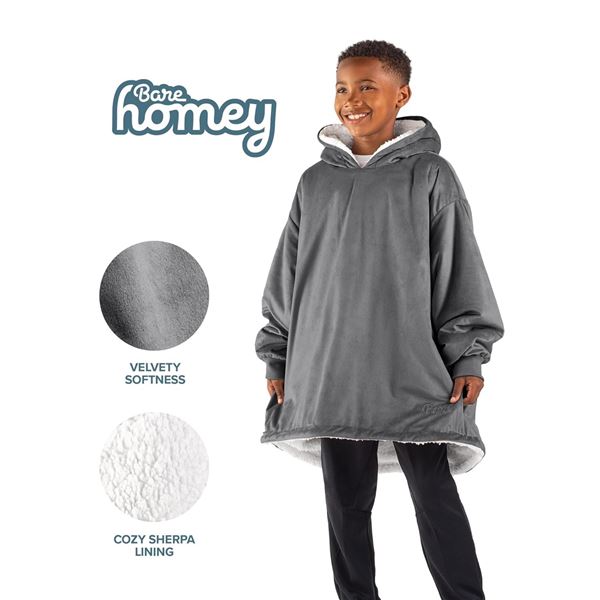 Bare Home Youth Wearable Sherpa Blanket - Grey- New