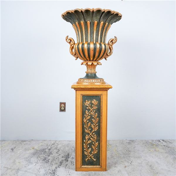 Neoclassical-Style Gilt & Painted Pedestal w/ Decorative Urn
