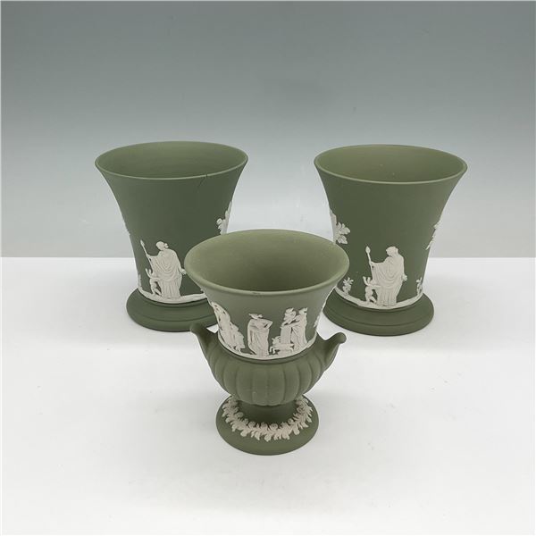 3pc Wedgwood Jasperware Green Vase Trio