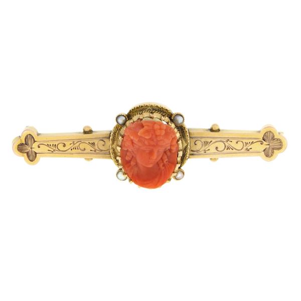 Antique Victorian 14k Gold GIA Carved Coral Cameo Hand Engraved Bar Brooch Pin