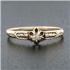 Image 2 : Petite Antique 14K Gold Buttercup Prong Set Diamond Solitaire Hand Engraved Ring