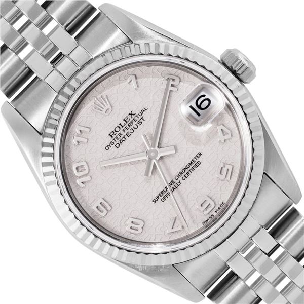 Rolex Ladies Stainless Steel Midsize 31MM Cream Arabic Dial 18K Gold Fluted Beze