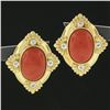 Image 5 : 18k Gold GIA Cert. Oval Cabochon Coral & Round Diamond Omega or Clip On Earrings