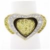 Image 1 : Vintage 14k TT Gold Pave Fancy Yellow & White Diamond Large Wide Dual Heart Ring