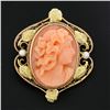 Image 2 : Antique Art Nouveau 10k Gold Carved Coral Cameo w/ Leaf Frame Pin Brooch Pendant