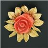 Image 4 : Vintage GIA NO DYE Carved Rose Coral Pin Brooch w/ 18k Gold Textured Leaf Frame