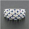 Image 1 : 14k White Gold Royal Blue Enamel Dot Tufted Grid w/ Dual Finish Wide Band Ring