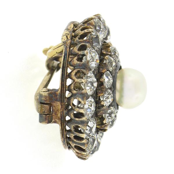 Antique Victorian 14k Gold 2.2 ctw Diamond & Pearl Dual Circle Pin Brooch Pendan