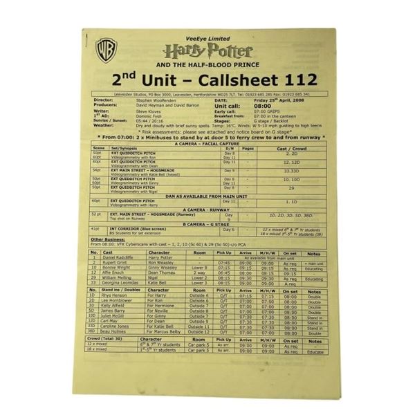 Harry Potter and the Half-Blood Prince (2009) - Original Call Sheet 2nd Unit