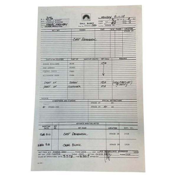 Mork & Mindy (1978 - 1982) - Production Used Call-Sheet
