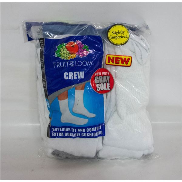 WHITE CREW SOCKS 12-16 SIZE 6-PACK FRUIT OF LOOM