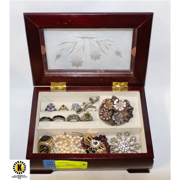 JEWELRY BOX W/ RINGS, BROOCHES & MORE