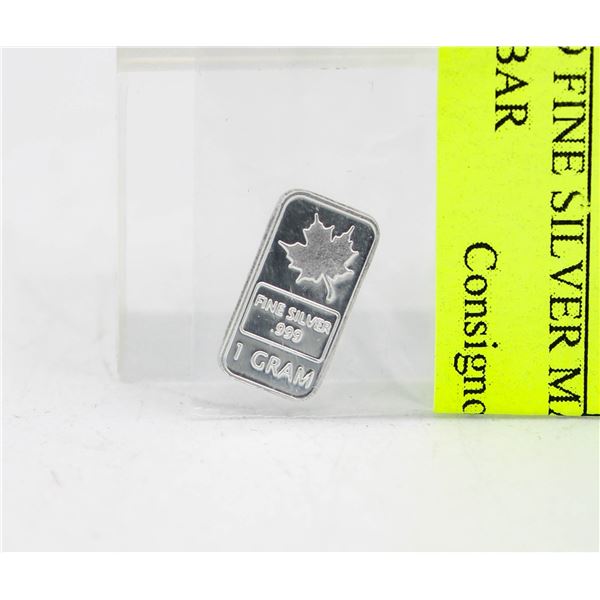 1 GRAM .999 FINE SILVER MAPLE LEAF MINI BAR