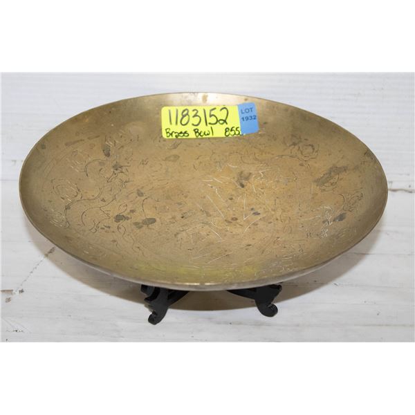 SOLID BRASS 11 INCH DIAMETER BOWL ON WOODEN STAND