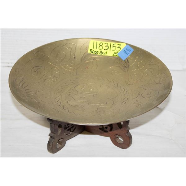 SOLID BRASS 11 INCH DIAMETER BOWL ON WOODEN STAND