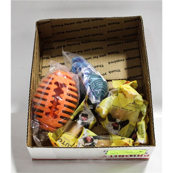 (2) DOG TOYS +5 PLUTO'S DOG TREATS