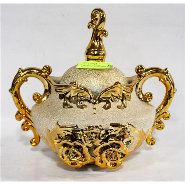 LARGE GOLD TRIM CERAMIC BOWL WITH LID