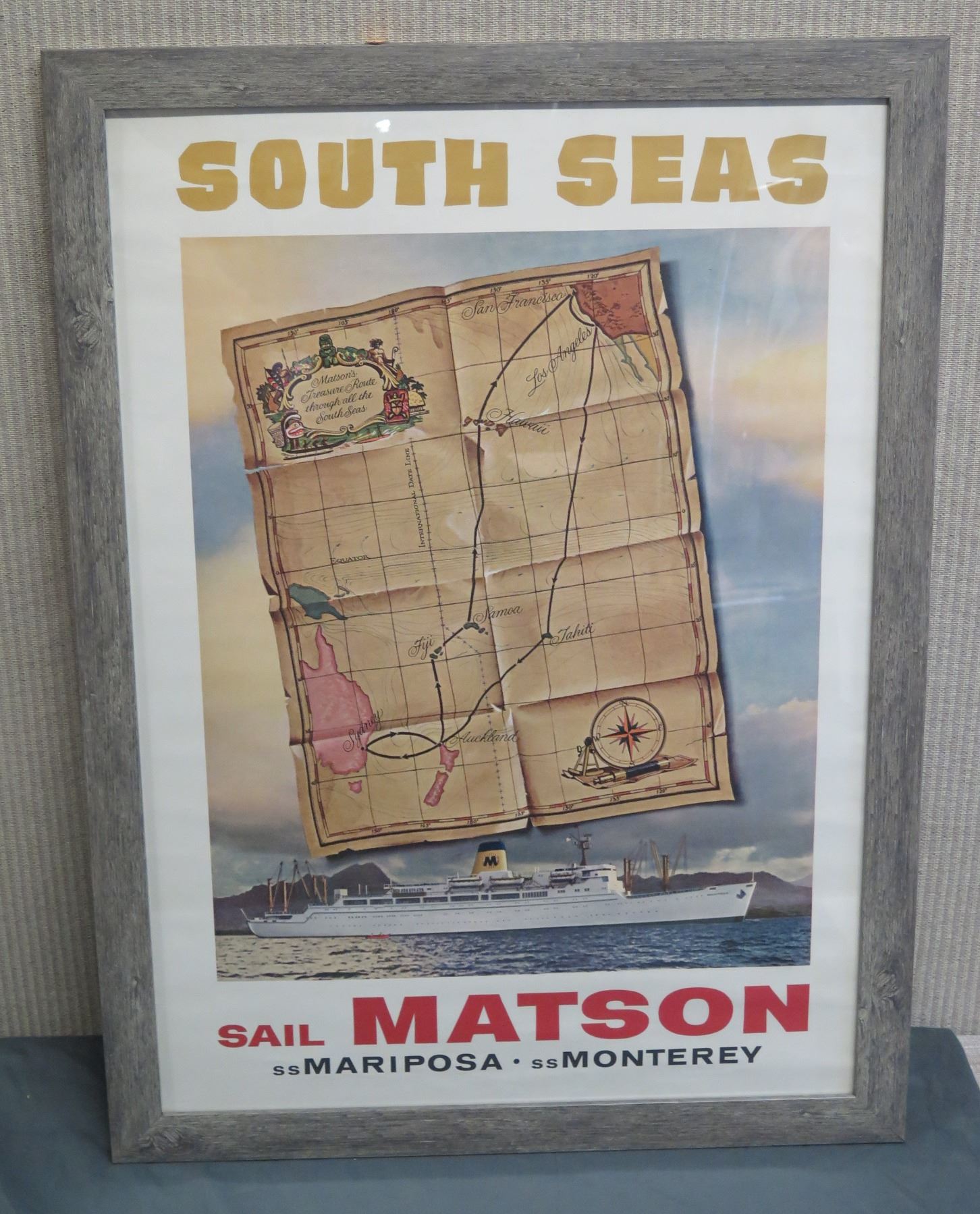 Matson South Seas Poster w/ Map Circa 1950's/60's, Framed 30