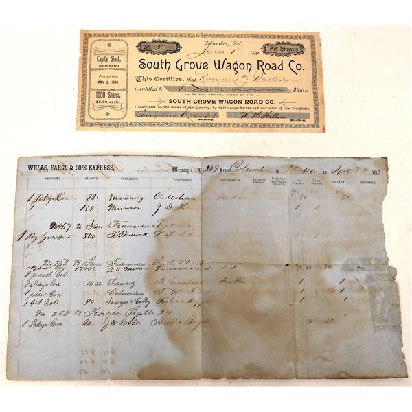 Columbia Wagon Road Stock (1891) and WF Express Shipping Document (1856)