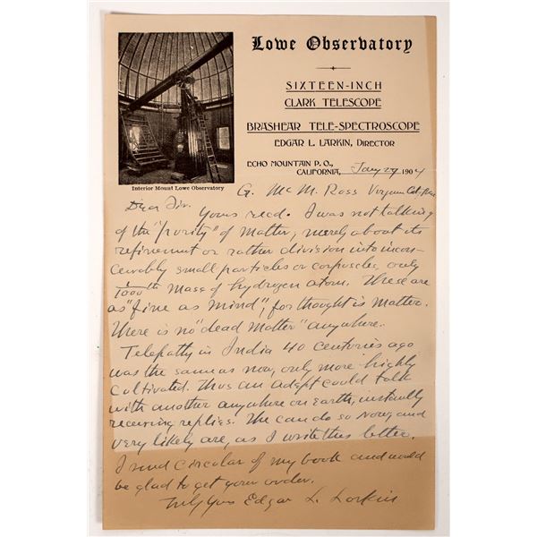 Fascinating Lowe Observatory Letter from Edgar L. Larkin to Virginia City Mine Supt. [192877]