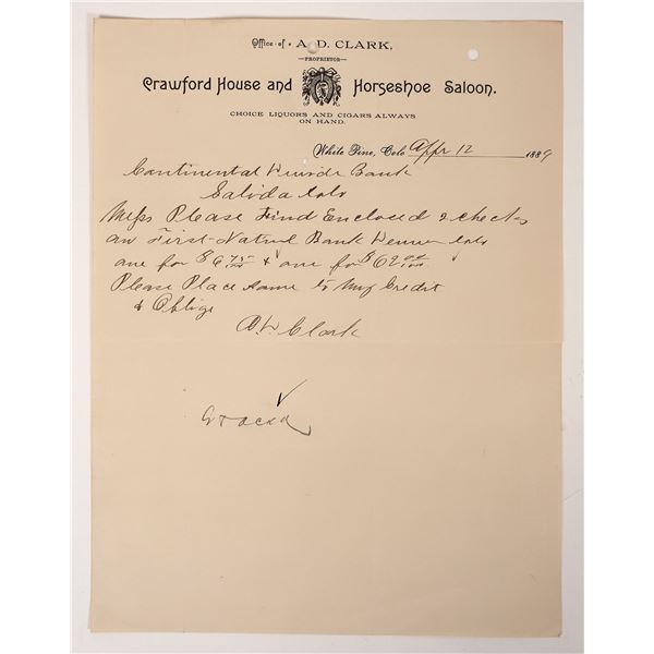 1889 Horseshoe Saloon Billhead /Letterhead, White Pine, Colorado Ghost Town  [192873]