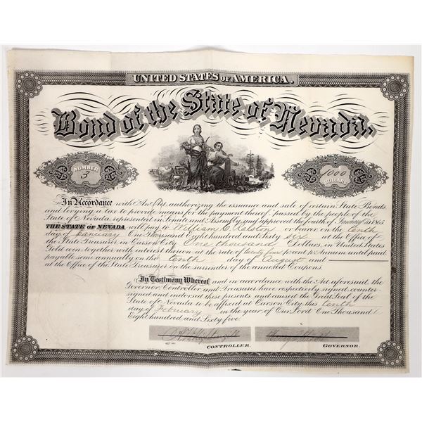 1865 State of Nevada Bond #3 Issued to WC Ralston, Signed by Gov. Blasdell & Rhodes [192811]