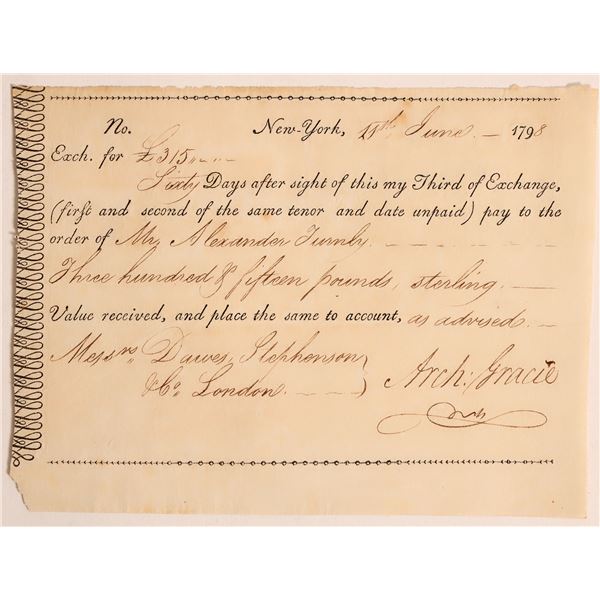 Archibald Gracie Businessman Shipping Magnate, Signed Document 1798 [185070]