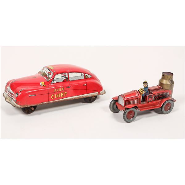 A Pumper Truck And Fire Chief Wind Up Tin Fire Dept. Toys  [183533]