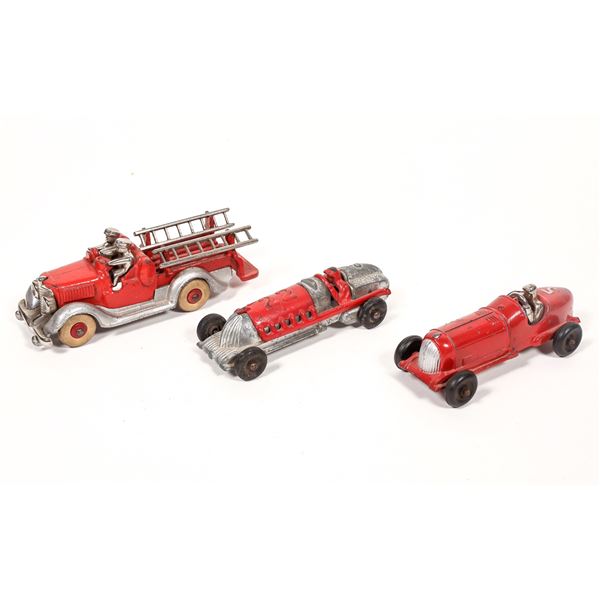 Three Hubley Toys : Cast Iron Fire truck, Race Car And Die Cast Race Car. [183531]